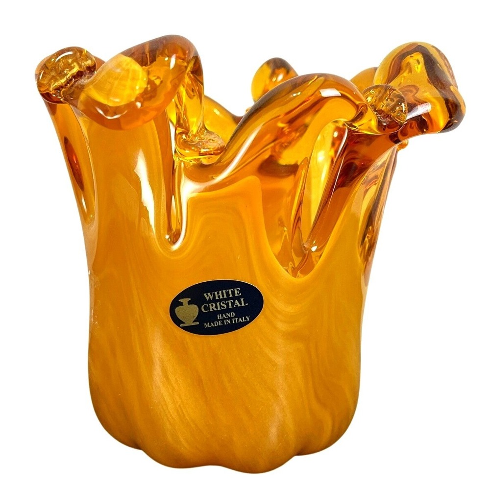 White Cristal Murano Hand Made Italy Amber Yellow Handkerchief Art Glass Vase